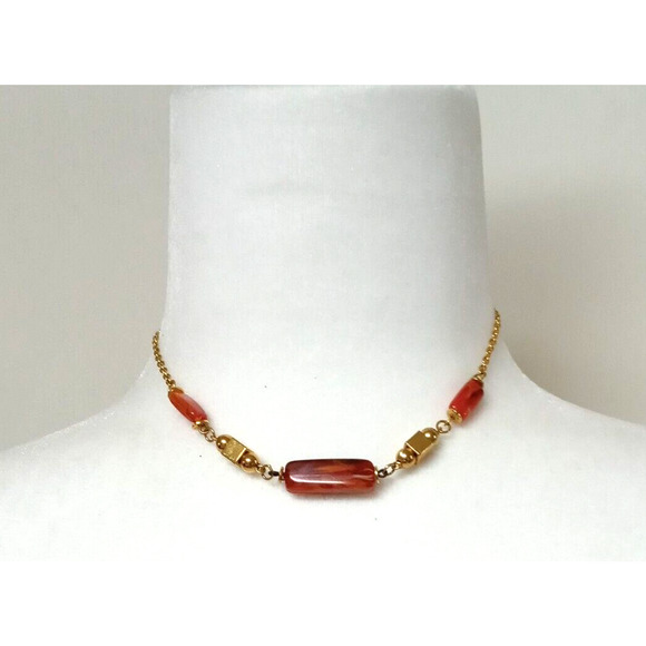 Amber Gold Tone Short Choker Necklace Gold Square & Round Beads Vintage RARE - Picture 7 of 13
